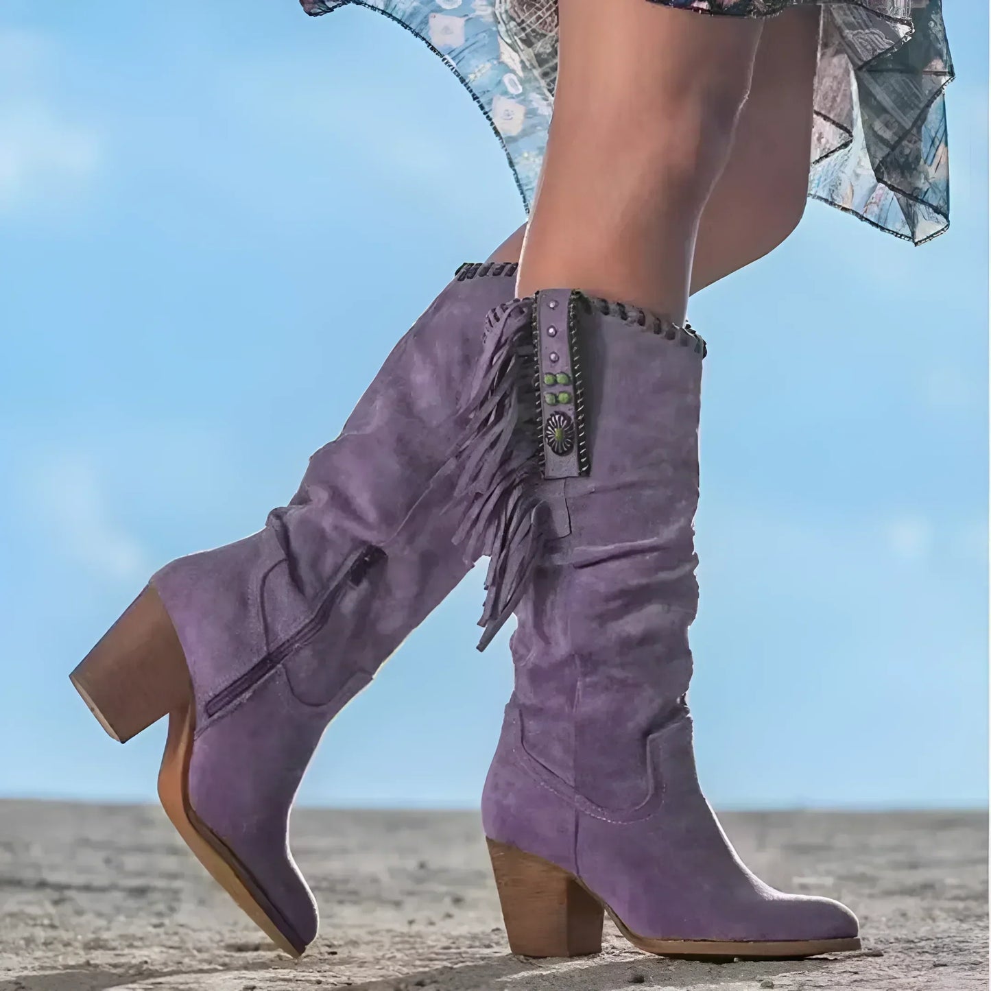 Dame Mid-Calf Boots – Blokkhæl – Frynsedetaljer – Boho Western Stil