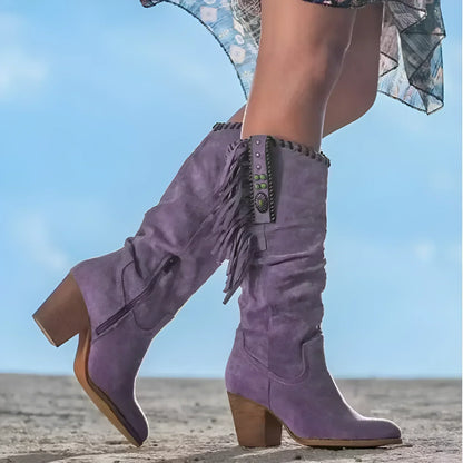 Dame Mid-Calf Boots – Blokkhæl – Frynsedetaljer – Boho Western Stil