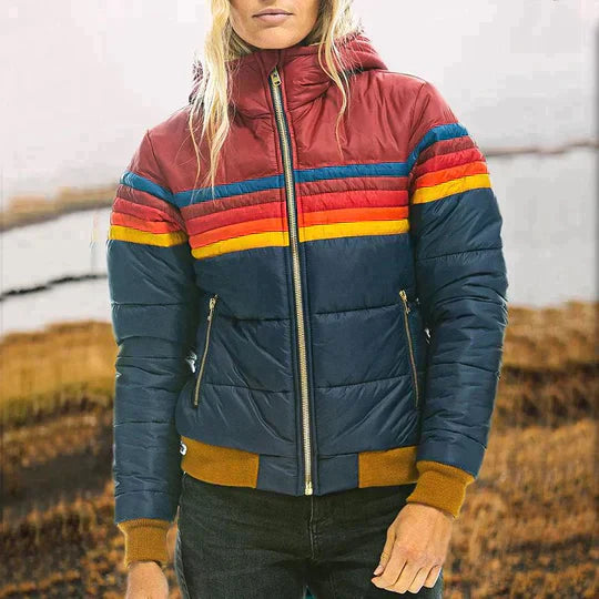 Damjacka – Vadderad Regular Fit – Huva – Dragkedjefickor – Randigt Design
