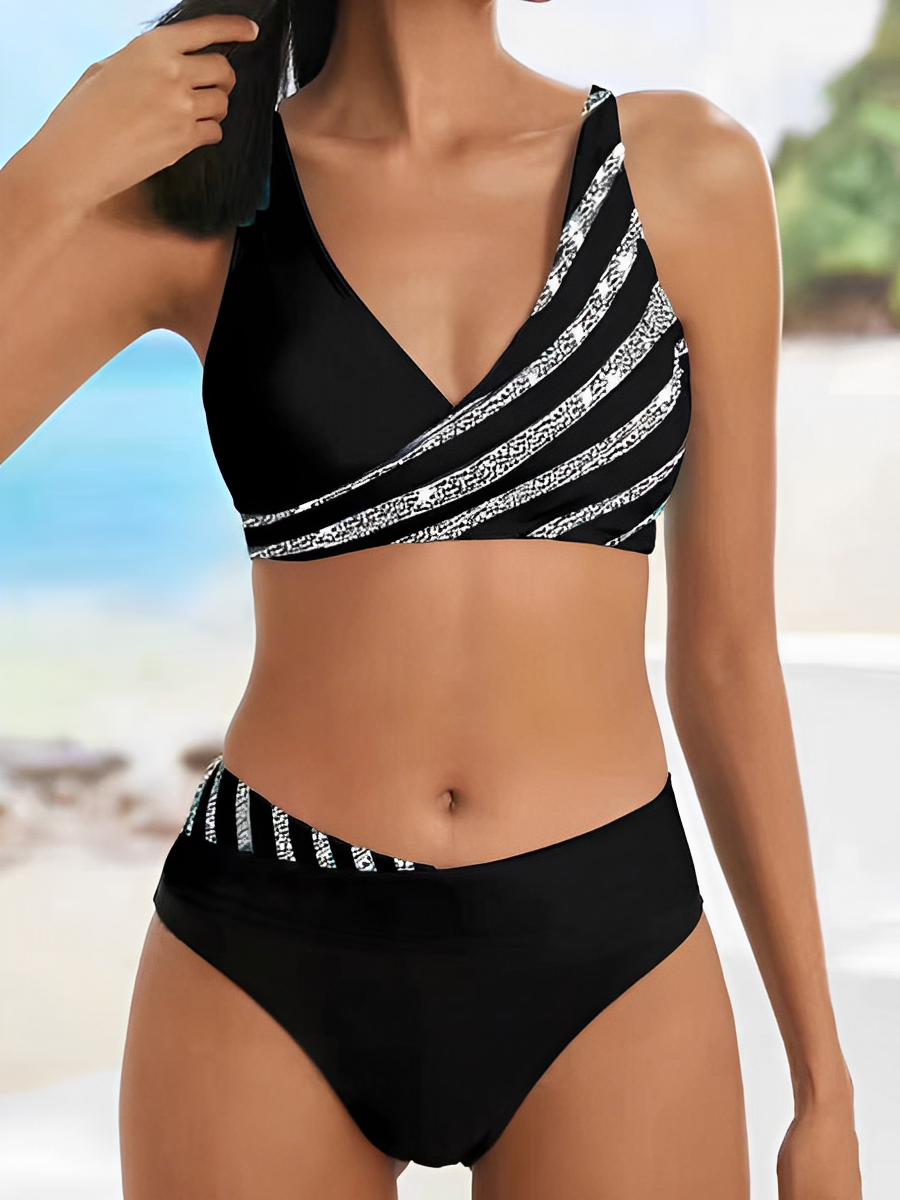 Dam Bikini Set – En Axel Wrap Topp – Randigt Design – Elastiskt Andningsbart Tyg