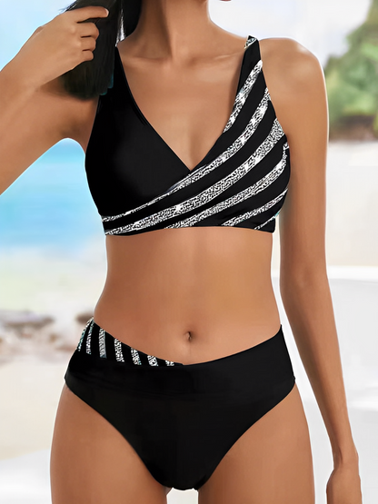 Dam Bikini Set – En Axel Wrap Topp – Randigt Design – Elastiskt Andningsbart Tyg