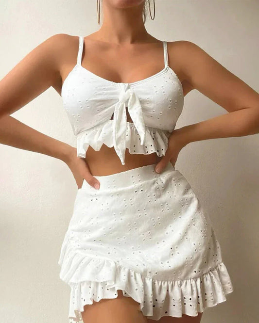 Dam Bikini Set – Andningsbart Tyg – Ögonmönster – Avslappnad Passform – Minikjol