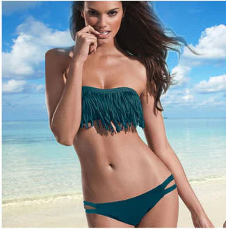 Dam Bikini Set – Bandeau Topp med Fransar – Låg Midja – Utskurna Sidor