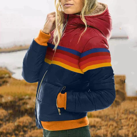 Damjacka – Vadderad Regular Fit – Huva – Dragkedjefickor – Randigt Design