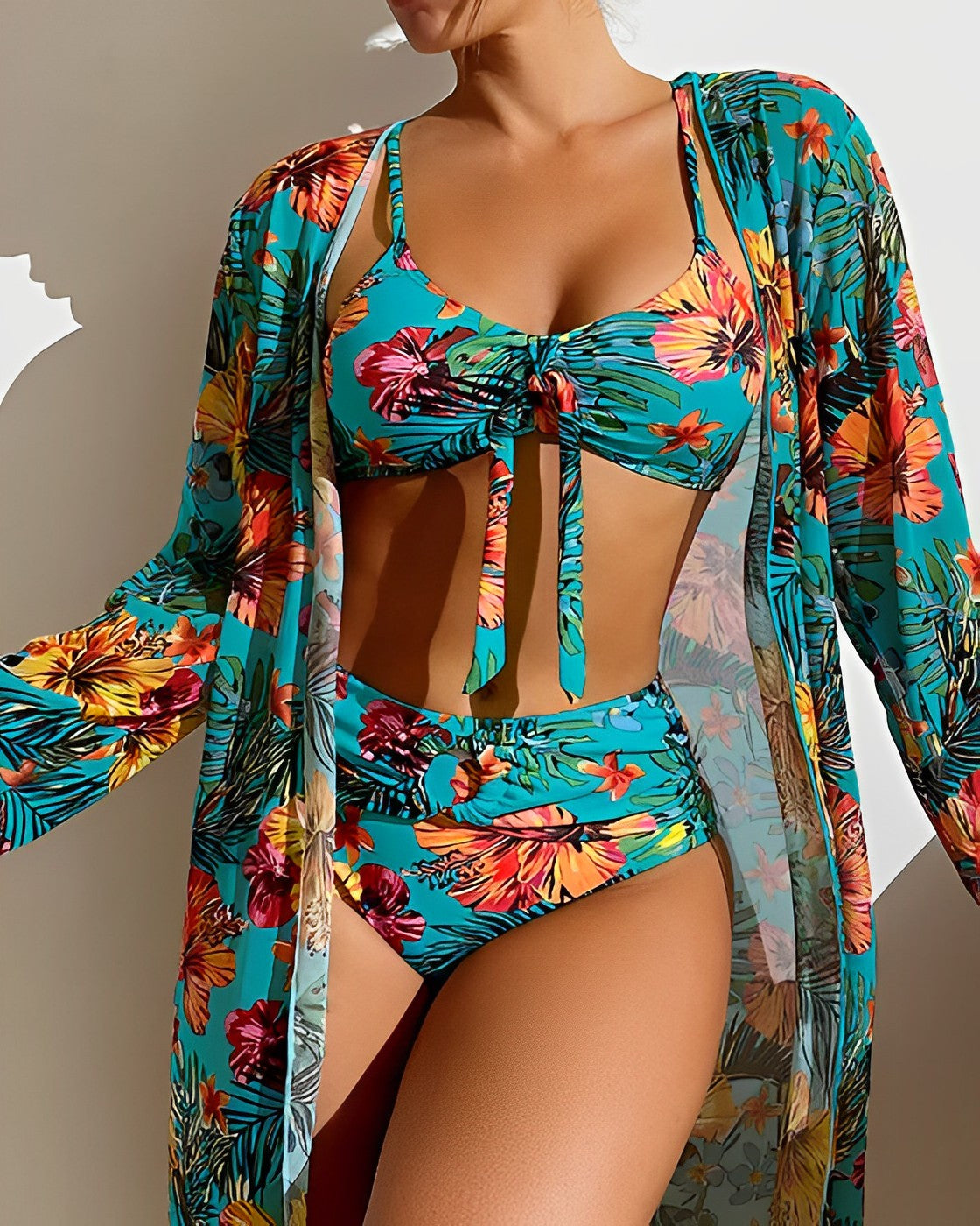 Dam bikiniset – 3-delad – trekantstopp med knytning – högtaljad underdel – lätt cover-up