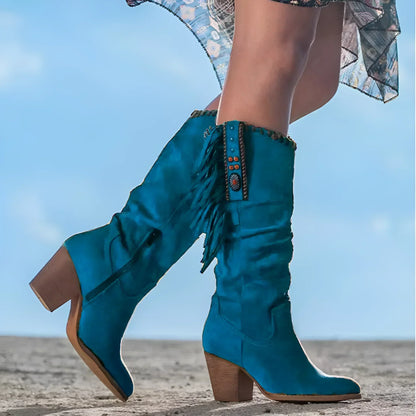 Dame Mid-Calf Boots – Blokkhæl – Frynsedetaljer – Boho Western Stil