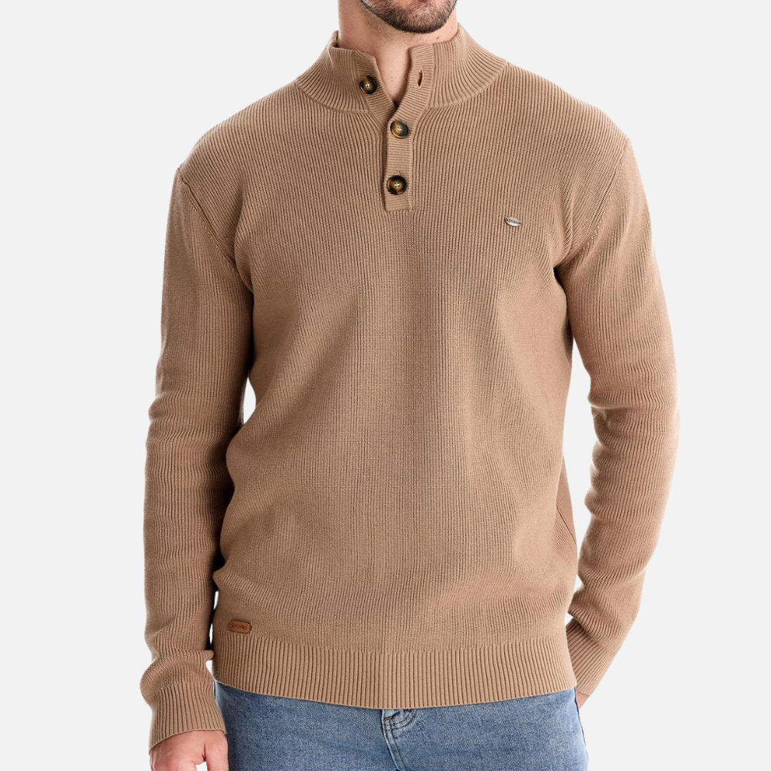 Herrtröja med hög krage – Ullblandning – Slim fit – Ribbstickad med knäppning