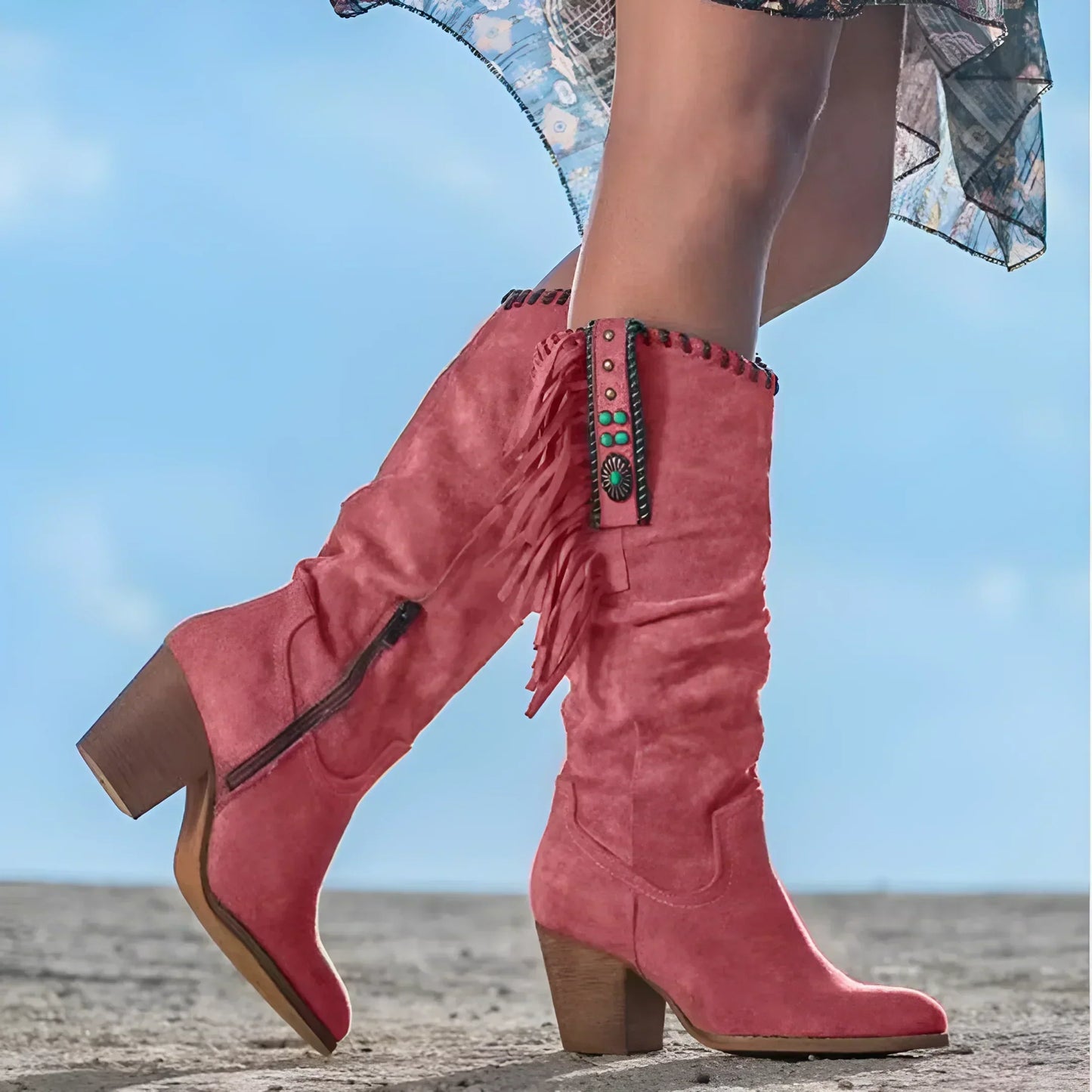 Dame Mid-Calf Boots – Blokkhæl – Frynsedetaljer – Boho Western Stil