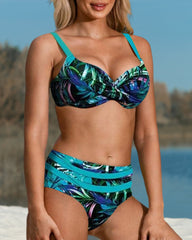 Dam Bikini Set – Skräddarsydd Passform – Twist-Front Topp – Hög Midja – Bladmönster