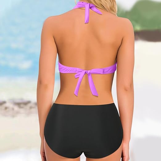 Dam Bikini Set – En Axel Wrap Topp – Randigt Design – Elastiskt Andningsbart Tyg