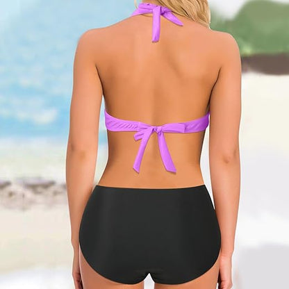 Dam Bikini Set – En Axel Wrap Topp – Randigt Design – Elastiskt Andningsbart Tyg