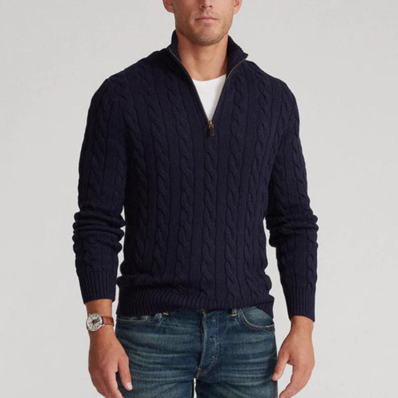 Herrtröja med half zip – bomullsblandning – kabelstickad – regular fit – ribbstickad kant