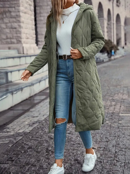 Damkappa – Kviltad design – Avslappnad passform – Huva – Full längd – Naturfiber