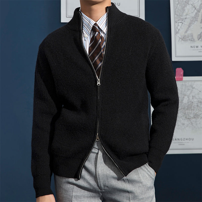 Herr Cardigan – Ullblandning med Ribbstickning – Smal Passform – Dragkedja och Hög Krage