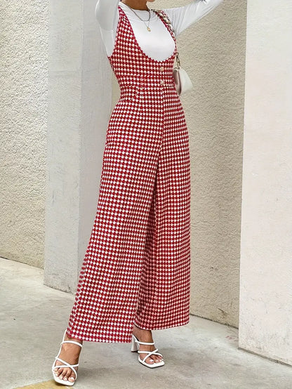 Dams Jumpsuit - Houndstooth Mönstrad - Vid Ben - Ärmlös med Knappar - Elegant Passform
