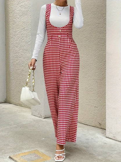 Dams Jumpsuit - Houndstooth Mönstrad - Vid Ben - Ärmlös med Knappar - Elegant Passform