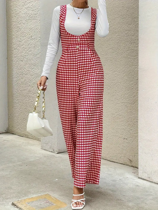 Dams Jumpsuit - Houndstooth Mönstrad - Vid Ben - Ärmlös med Knappar - Elegant Passform