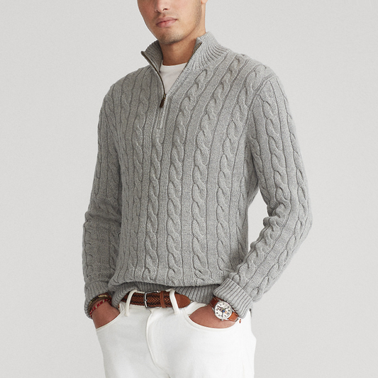 Herrtröja med half zip – bomullsblandning – kabelstickad – regular fit – ribbstickad kant