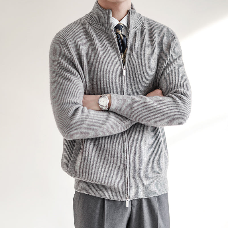 Herr Cardigan – Ullblandning med Ribbstickning – Smal Passform – Dragkedja och Hög Krage