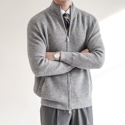 Herr Cardigan – Ullblandning med Ribbstickning – Smal Passform – Dragkedja och Hög Krage