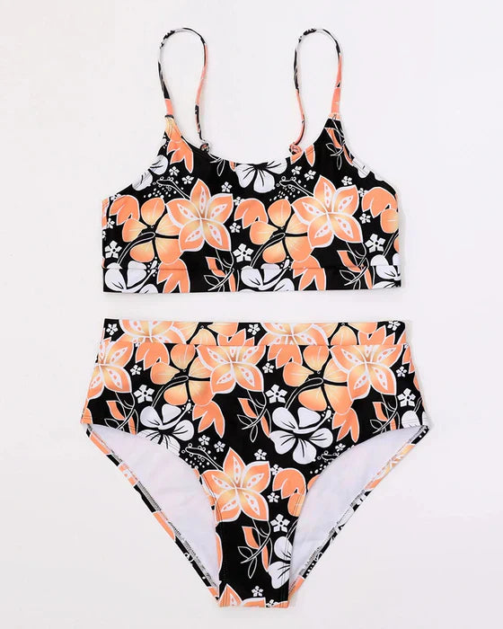 Dam Bikini Set – Hög Midja – Tank Topp – Blommönster – Andningsbart Tyg