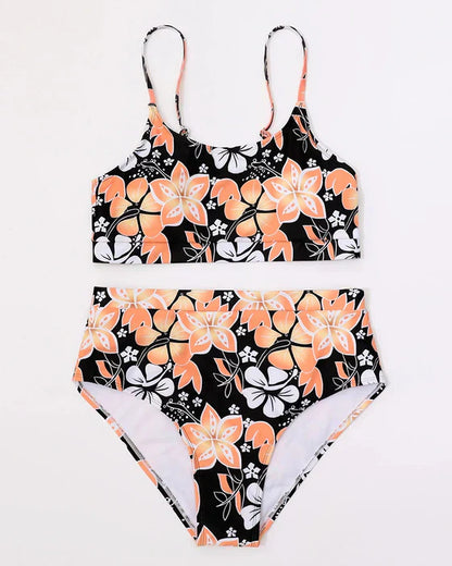 Dam Bikini Set – Hög Midja – Tank Topp – Blommönster – Andningsbart Tyg