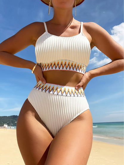 Dam Bikini - Ribbstickat Tyg - Crop Top - Justerbara Remmar - Hög Midja
