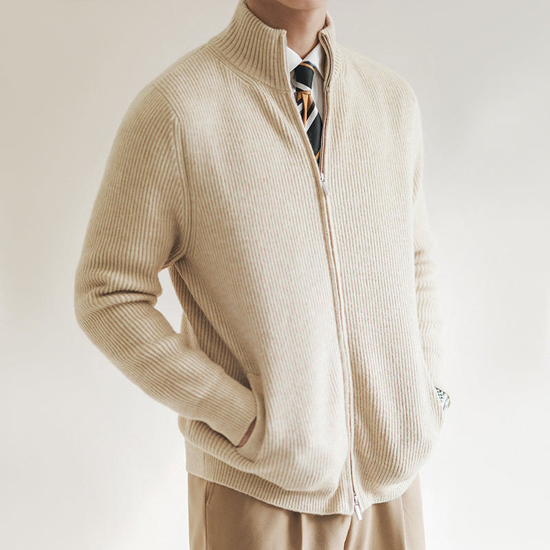 Herr Cardigan – Ullblandning med Ribbstickning – Smal Passform – Dragkedja och Hög Krage