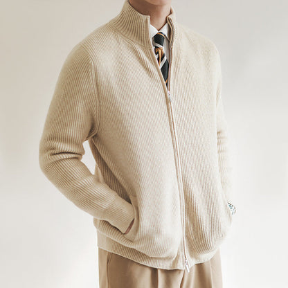 Herr Cardigan – Ullblandning med Ribbstickning – Smal Passform – Dragkedja och Hög Krage