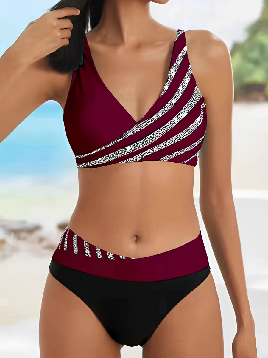 Dam Bikini Set – En Axel Wrap Topp – Randigt Design – Elastiskt Andningsbart Tyg