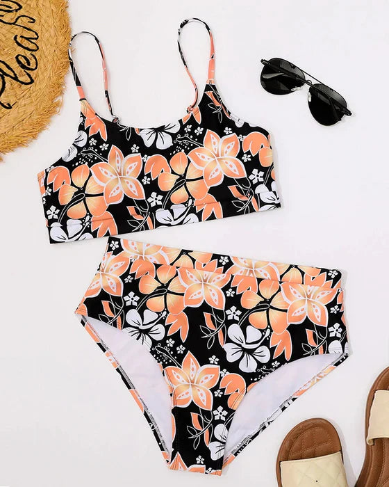 Dam Bikini Set – Hög Midja – Tank Topp – Blommönster – Andningsbart Tyg