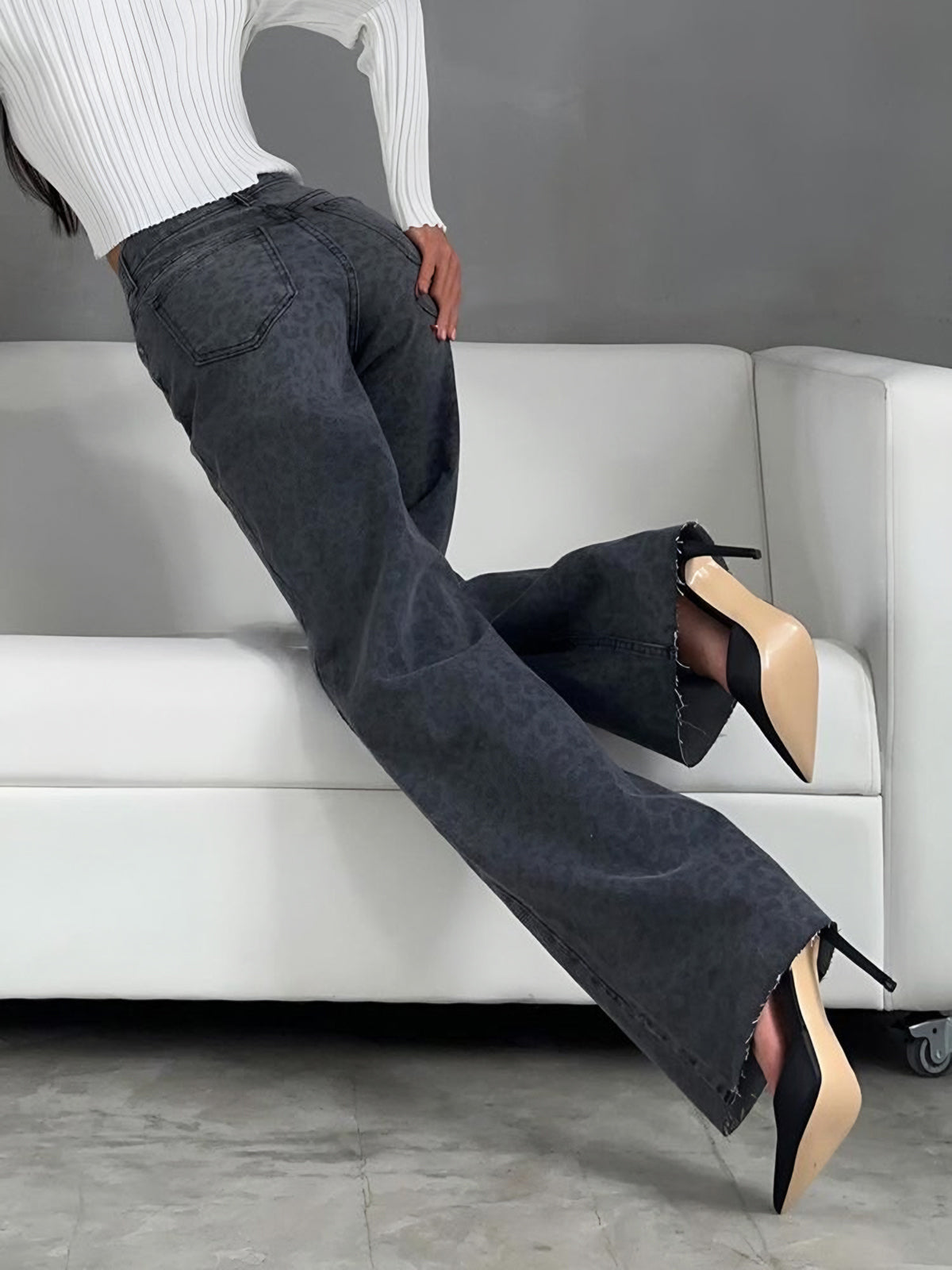 Dam Jeans - Hög Midja - Vida Ben - Mönstrat Tyg - Bekväm Passform