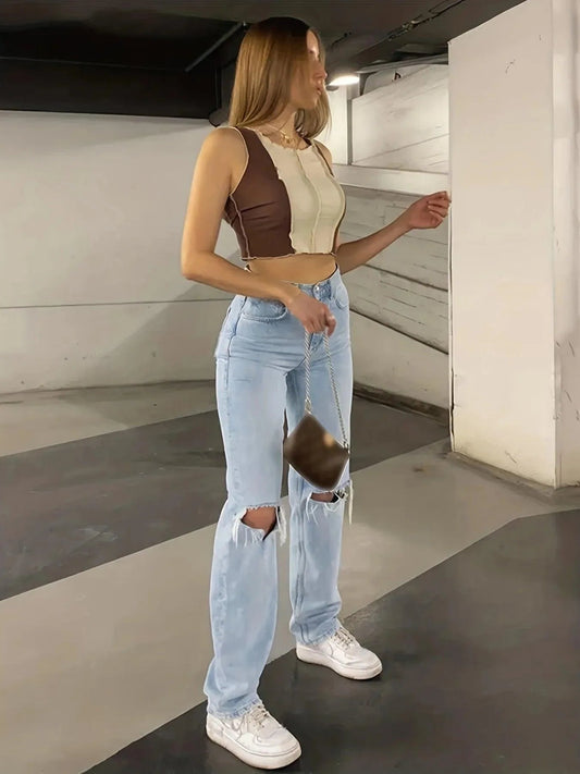 Dam Jeans - Hög Midja - Raka Ben - Avslappnad Passform - Slitna Knän