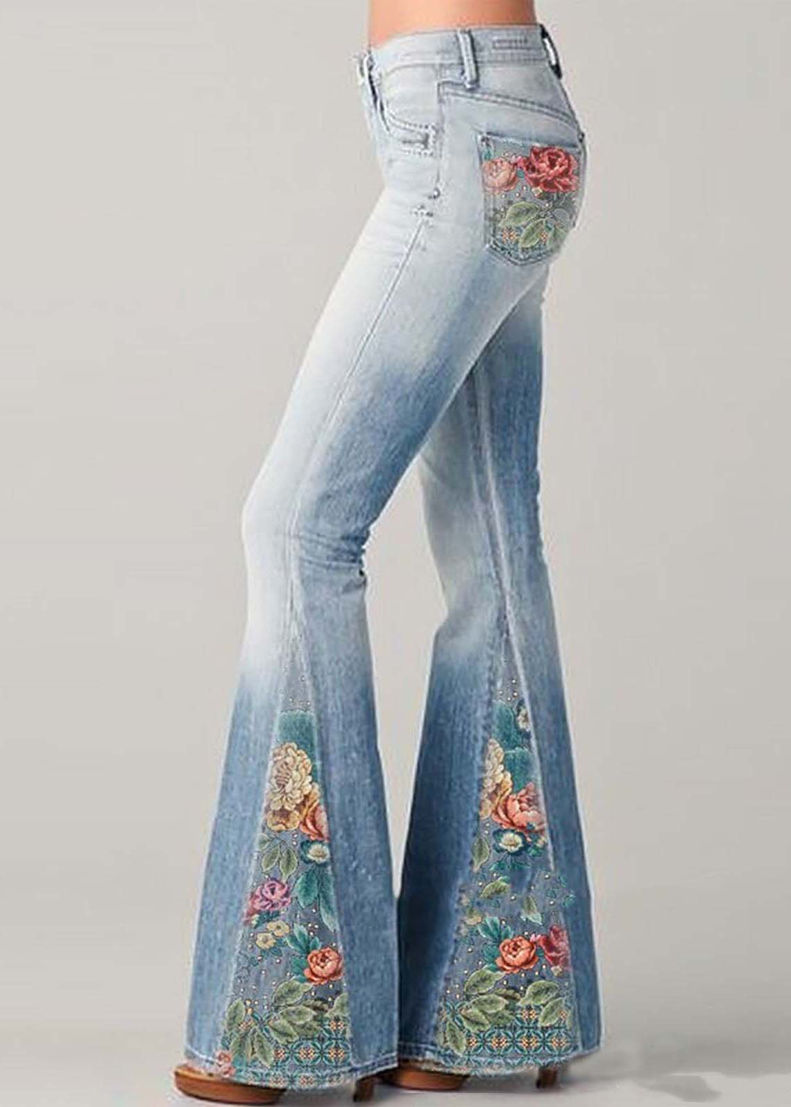 Dam Jeans – Utsvängd Passform – Hög Midja – Patchwork Detaljer – Bohemisk Stil