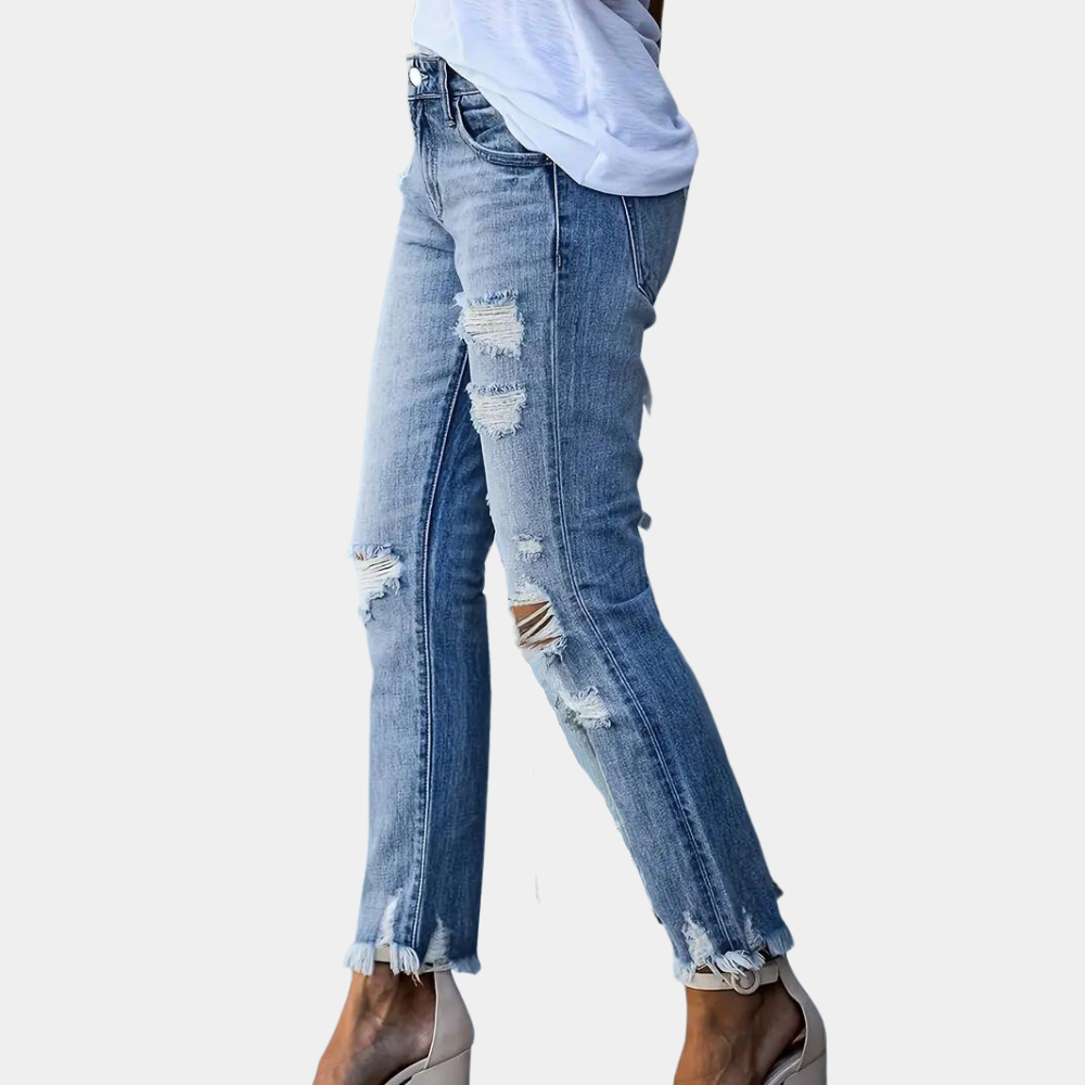 Dam Jeans - Slim Fit - Rippade & Slitna Detaljer - Bekväm Stretch Denim