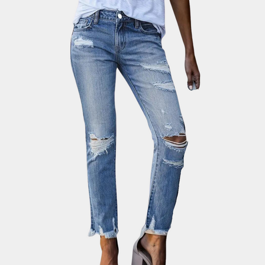 Dam Jeans - Slim Fit - Rippade & Slitna Detaljer - Bekväm Stretch Denim