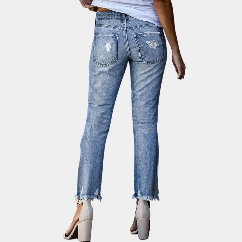 Dam Jeans - Slim Fit - Rippade & Slitna Detaljer - Bekväm Stretch Denim