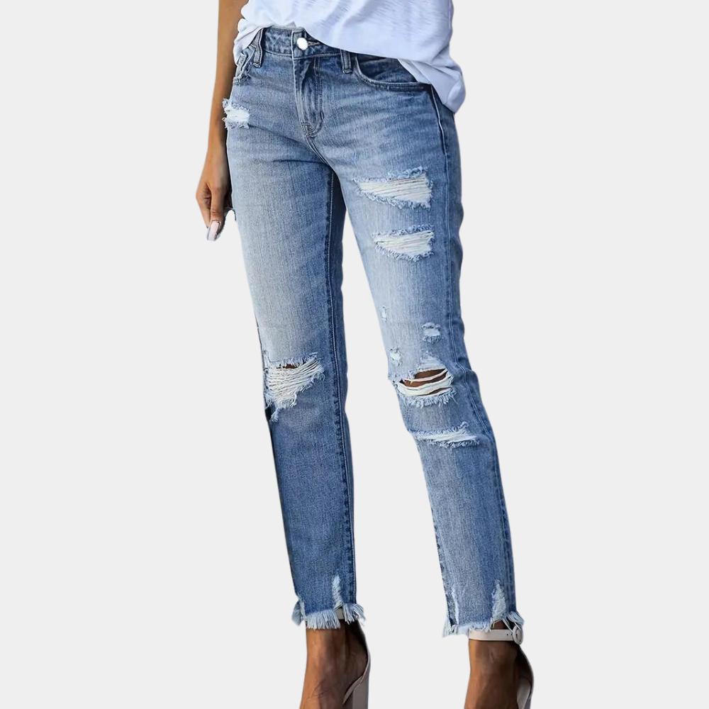 Dam Jeans - Slim Fit - Rippade & Slitna Detaljer - Bekväm Stretch Denim