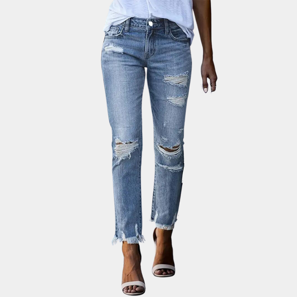 Dam Jeans - Slim Fit - Rippade & Slitna Detaljer - Bekväm Stretch Denim