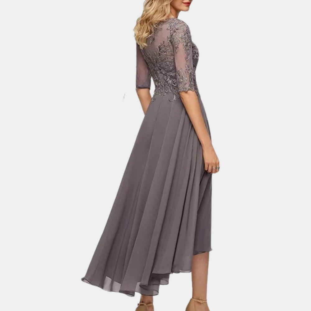 Dam Festklänning – A-linje Passform – Spets och Chiffong – Midi Längd – Elegant Design