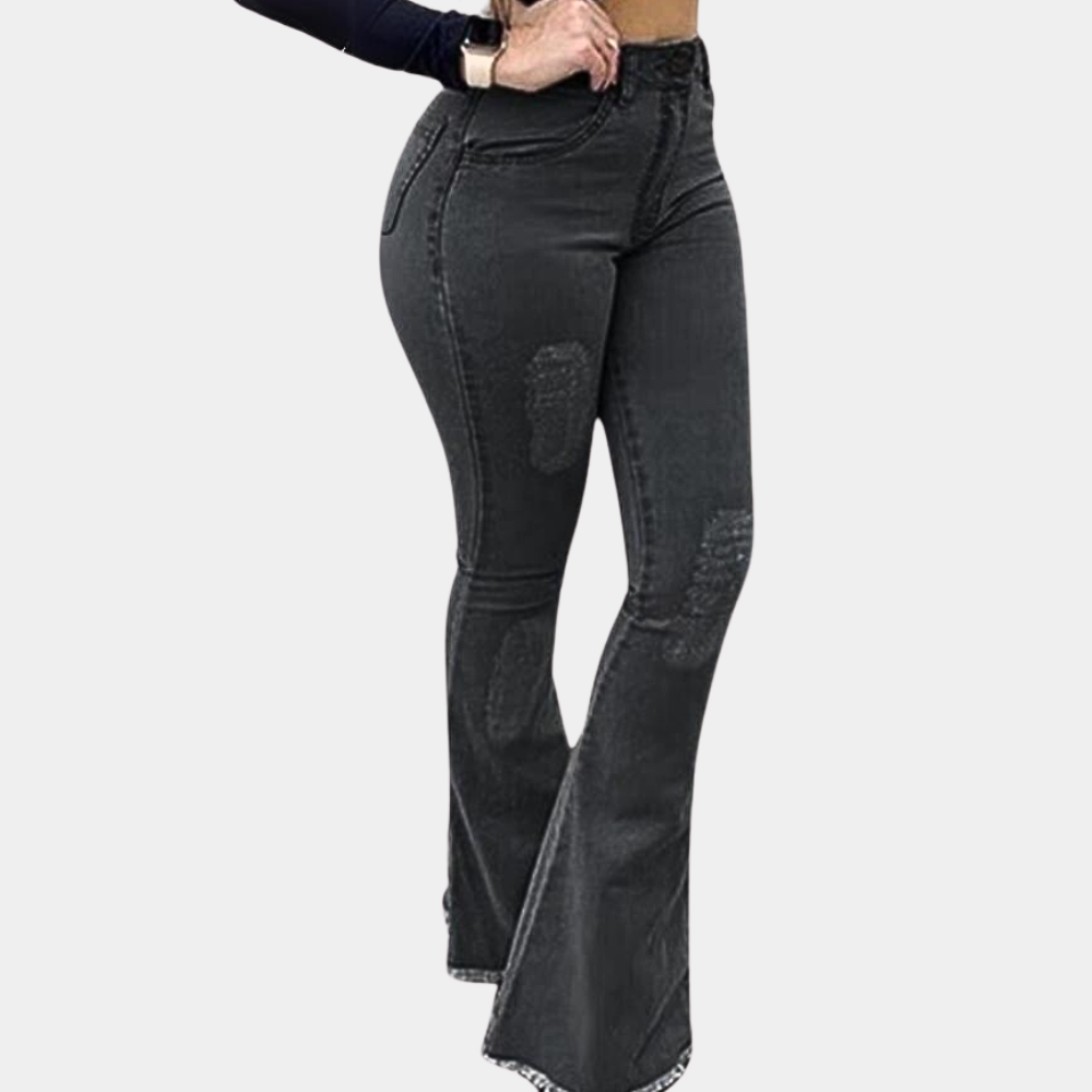 Dam Bootcut Jeans – Slim Fit – Utsvängda Byxor med Ripped Detaljer – Casual Denim
