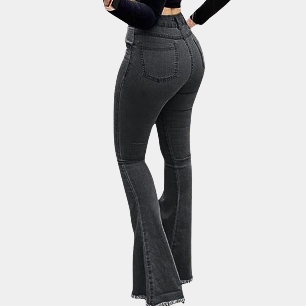 Dam Bootcut Jeans – Slim Fit – Utsvängda Byxor med Ripped Detaljer – Casual Denim