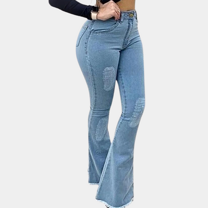 Dam Bootcut Jeans – Slim Fit – Utsvängda Byxor med Ripped Detaljer – Casual Denim