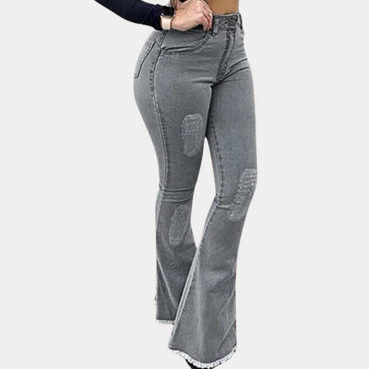 Dam Bootcut Jeans – Slim Fit – Utsvängda Byxor med Ripped Detaljer – Casual Denim