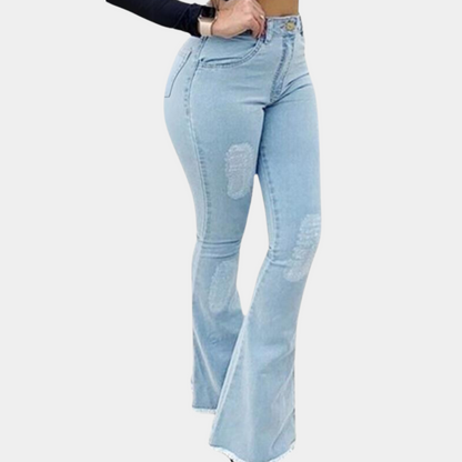 Dam Bootcut Jeans – Slim Fit – Utsvängda Byxor med Ripped Detaljer – Casual Denim