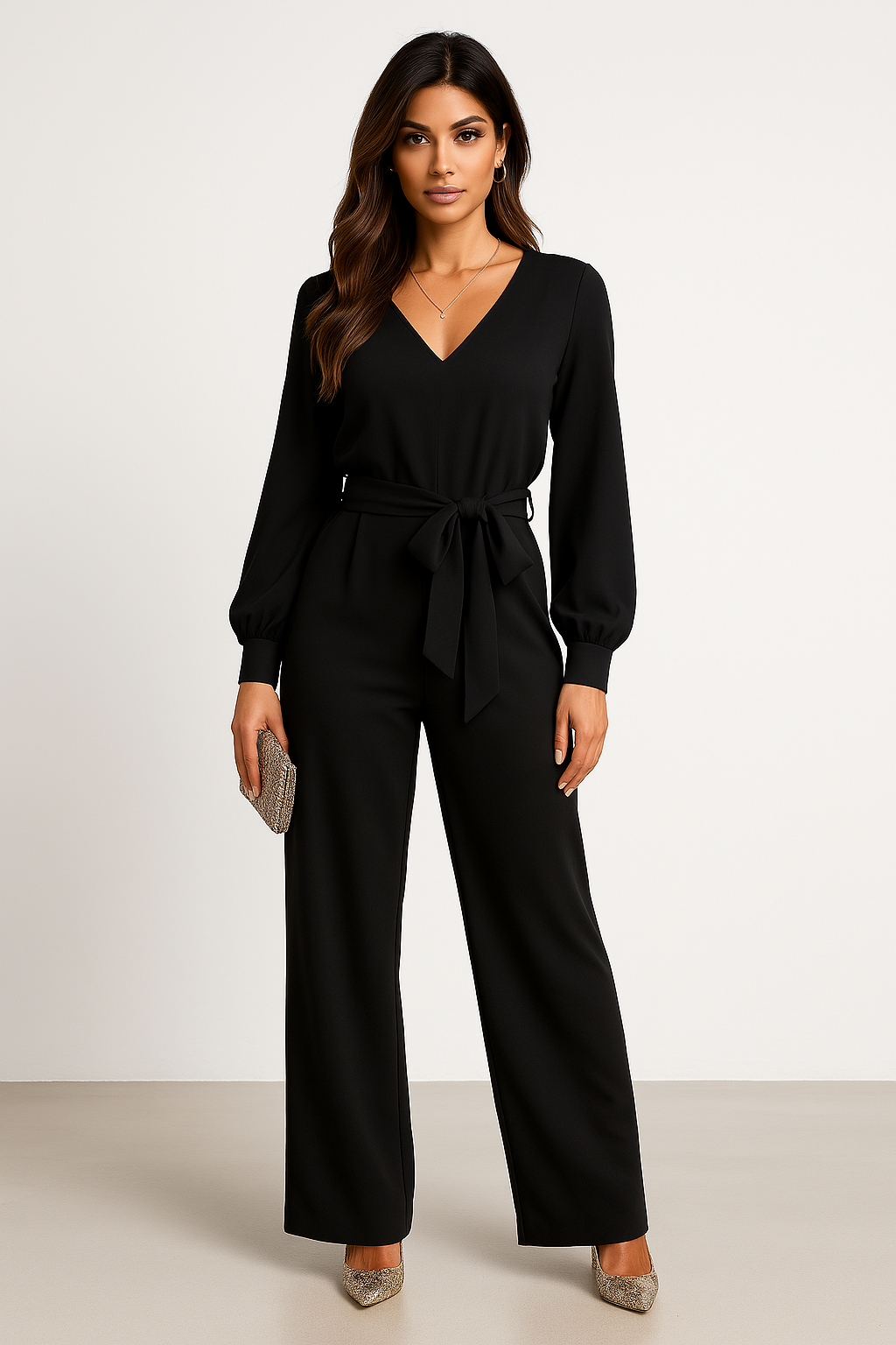 Dam jumpsuit – V-ringning – Vida ben – Långärmad – Avslappnad passform – Knytband