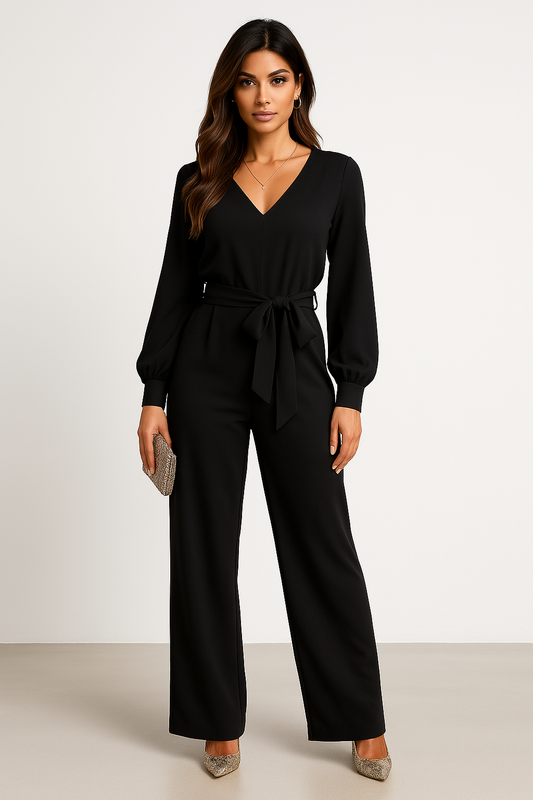 Dam jumpsuit – V-ringning – Vida ben – Långärmad – Avslappnad passform – Knytband