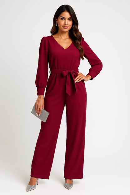 Dam jumpsuit – V-ringning – Vida ben – Långärmad – Avslappnad passform – Knytband