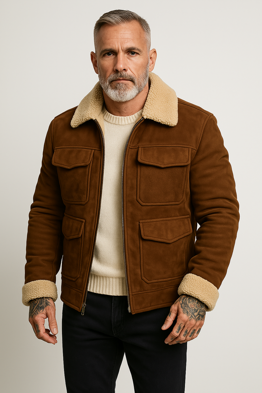 Herr Shearling-jacka – Mocka Finish – Strukturerad Passform – Flikfickor