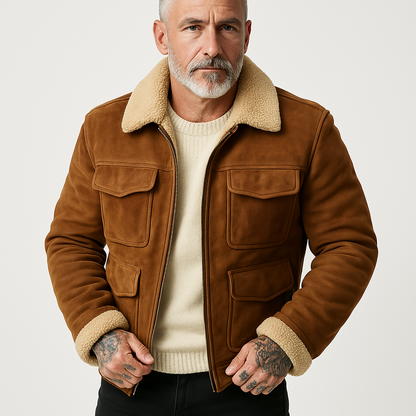 Herr Shearling-jacka – Mocka Finish – Strukturerad Passform – Flikfickor